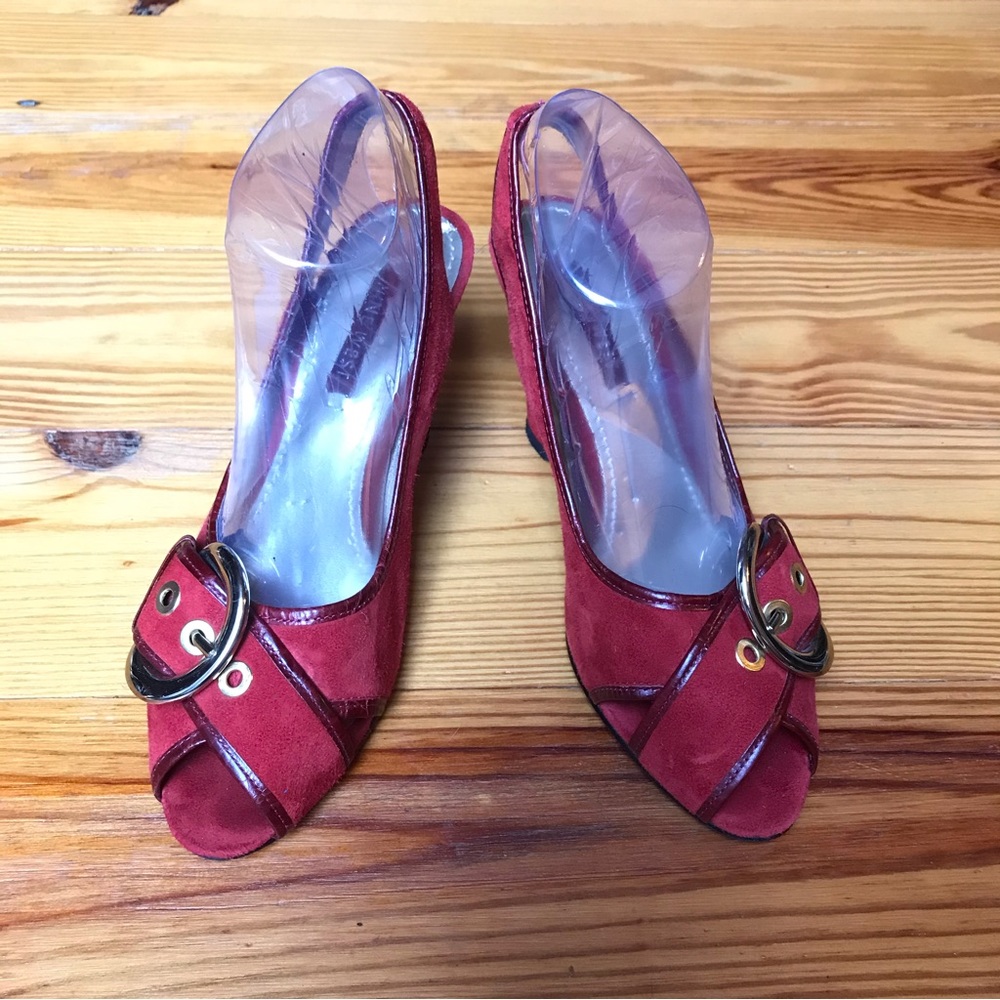 Nine West Red Suede Buckle Sling Back Heels, EUC, 7.5